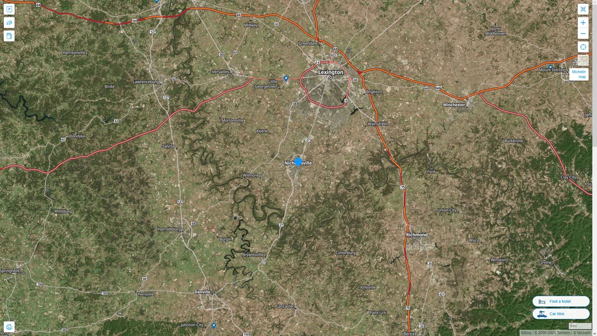 Nicholasville Kentucky Highway and Road Map with Satellite View